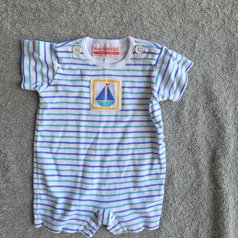 Marimekko By Sweet Potatoes Blue And White Striped Baby Romper Sail Boat 3-6 mos